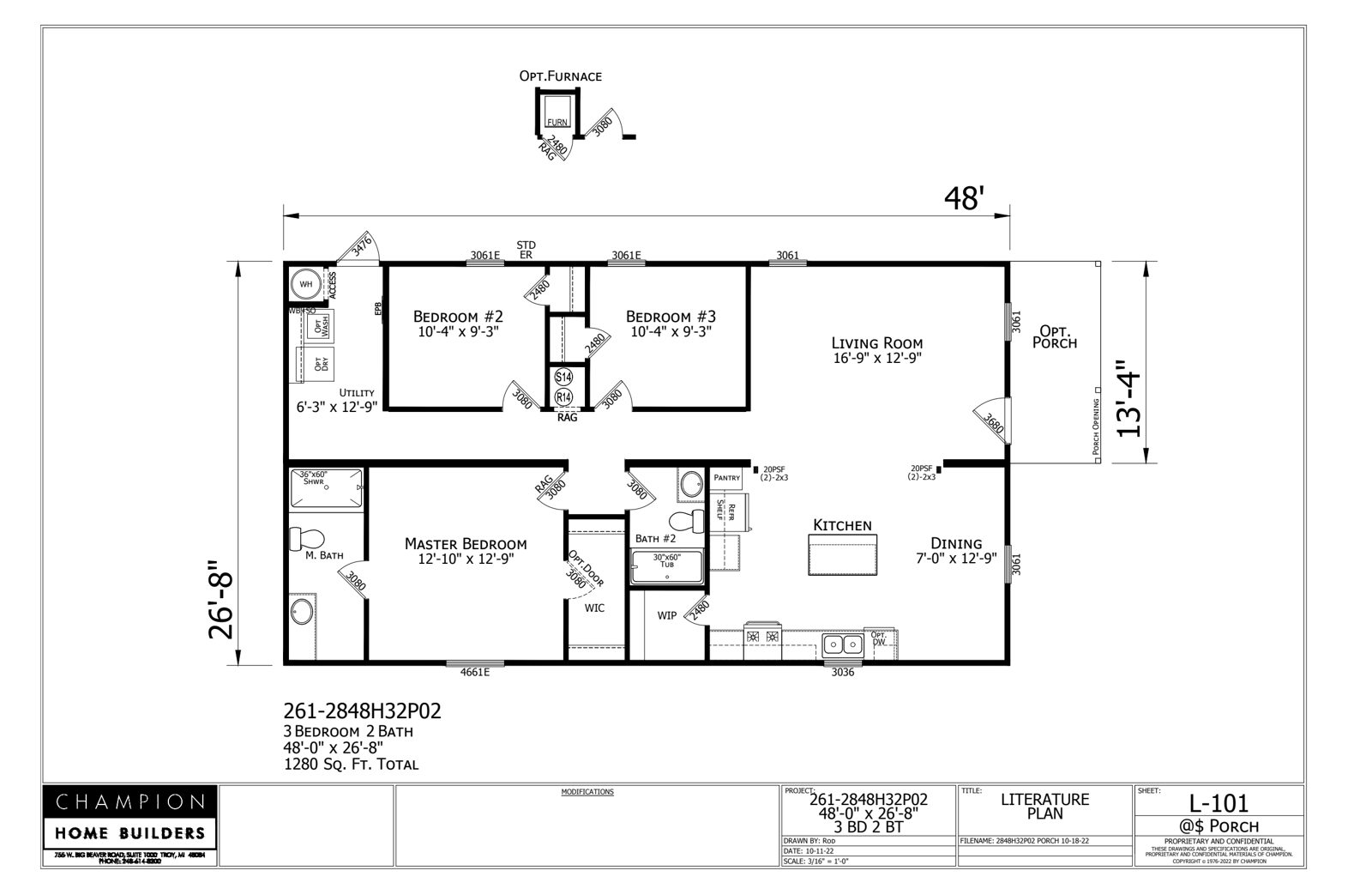 Floor plan of the Champion Lake Manor, 3 bedroom 2 bath, 1,280 square feet